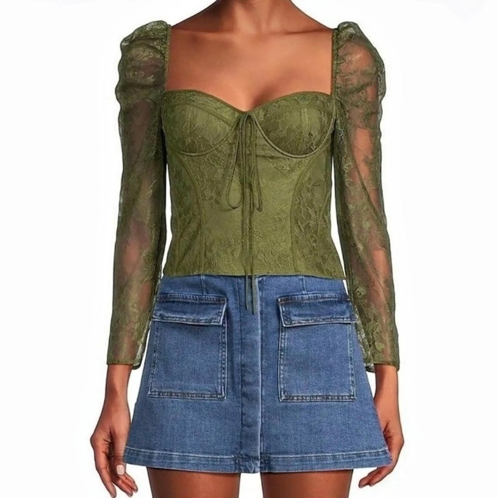 NWT Chelsea & Violet Laura Olive Green Lace Corset Tie Front Fitted Blouse 2